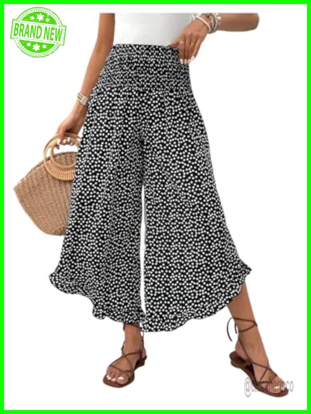 Women's Polka Dots Flowy Palazzo Pants Ruffle Wide Leg Capris High Waist
